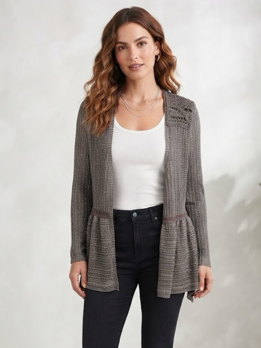 Knox Rose Women’s Brown Gray Knit Open-Front Cardigan with crochet panels